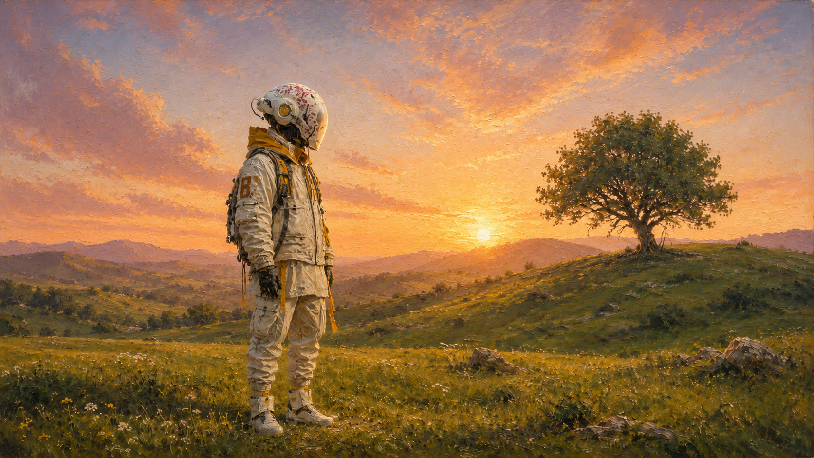 Source painting: a suited figure on a hillside at sunset